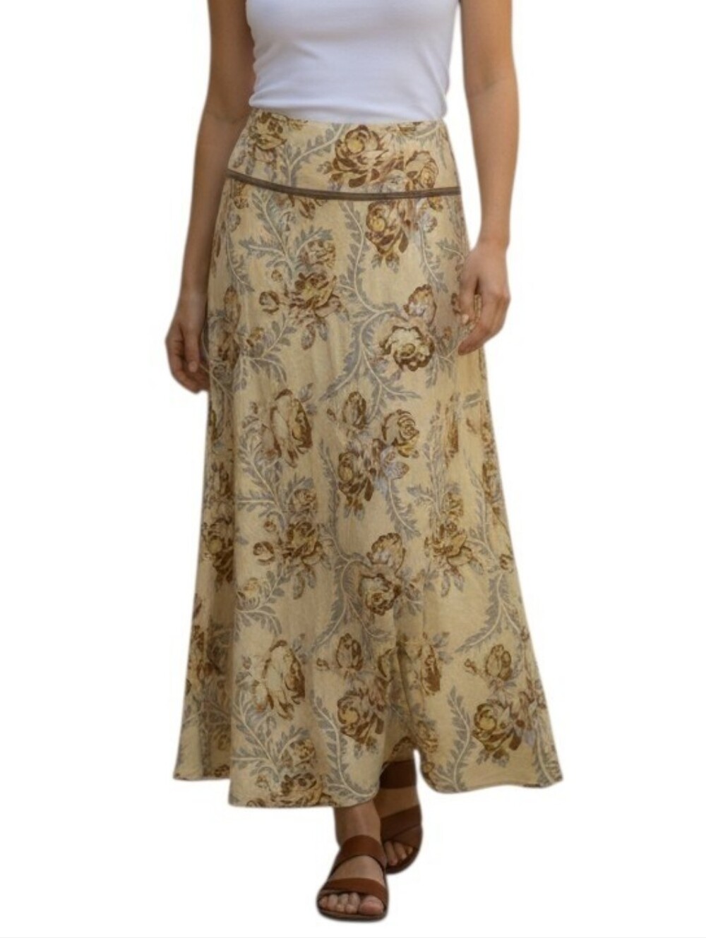 Boden Floral Midi/Maxi Linen Skirt in Beige and Brown Size US 10R